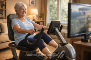 Exercise equipment for seniors - woman using recumbent bike at home