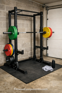 Home gym equipment - Olympic barbell and bumper plates on squat rack