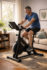 Exercise equipment for home - stationary bike in bright home gym space